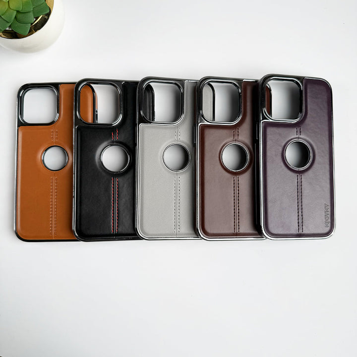 iPhone 16 Series Middle Stitch PU Leather Side Chrome Case Cover