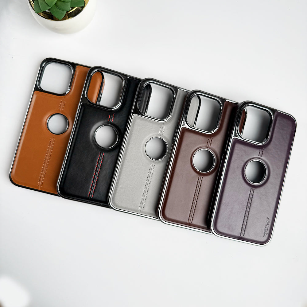 iPhone 16 Series Middle Stitch PU Leather Side Chrome Case Cover