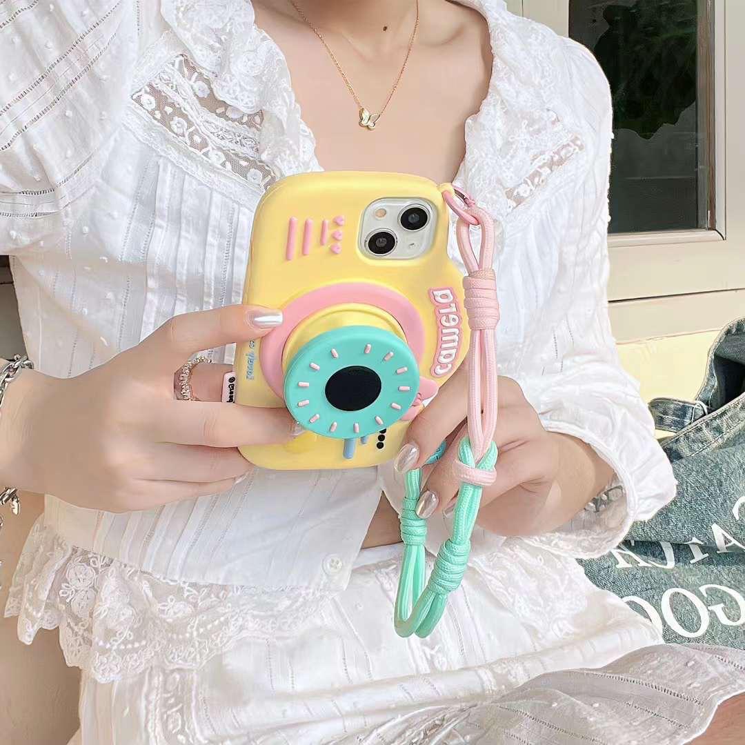 iPhone 15 Series 3D Cute Silicone Camera Design Case Cover With Lanyard Strap