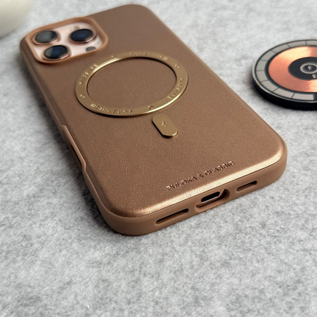 iPhone 16 Pro Max Premium PU Leather Metal MagSafe Ring Case Golden