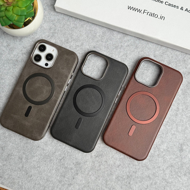 iPhone 16 Pro Metallic Textured Leather MagSafe Ring Case Cover