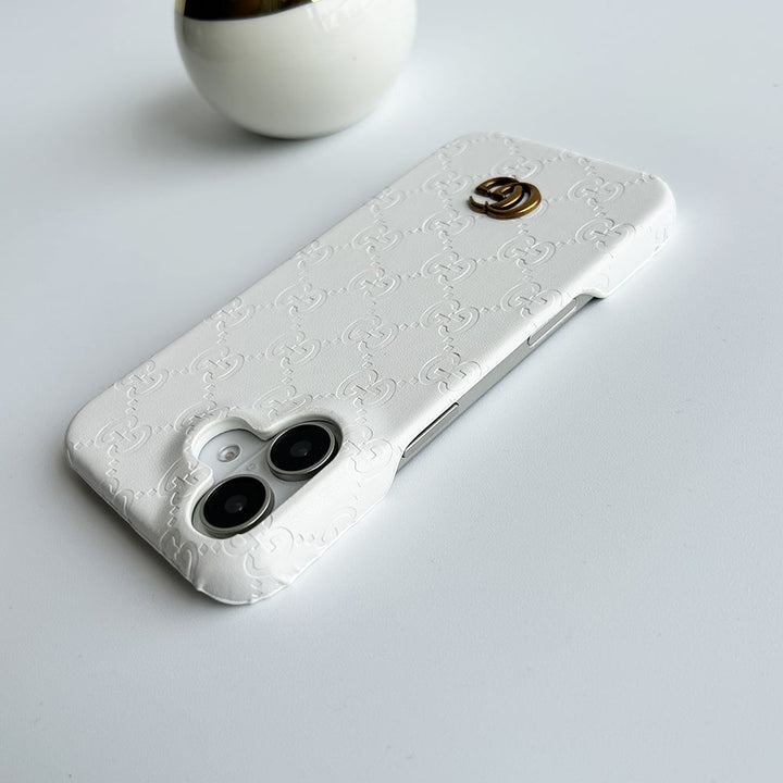 iPhone 16 Series Luxury GG Fashion Leather Brand Case Cover