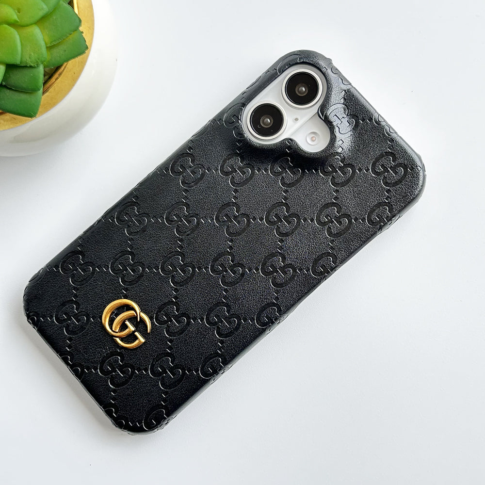 iPhone 16 Series Luxury GG Fashion Leather Brand Case Cover