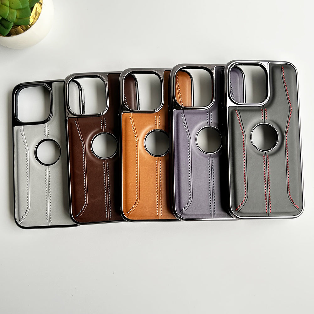 iPhone 16 Series Stitch PU Leather Side Chrome Case Cover