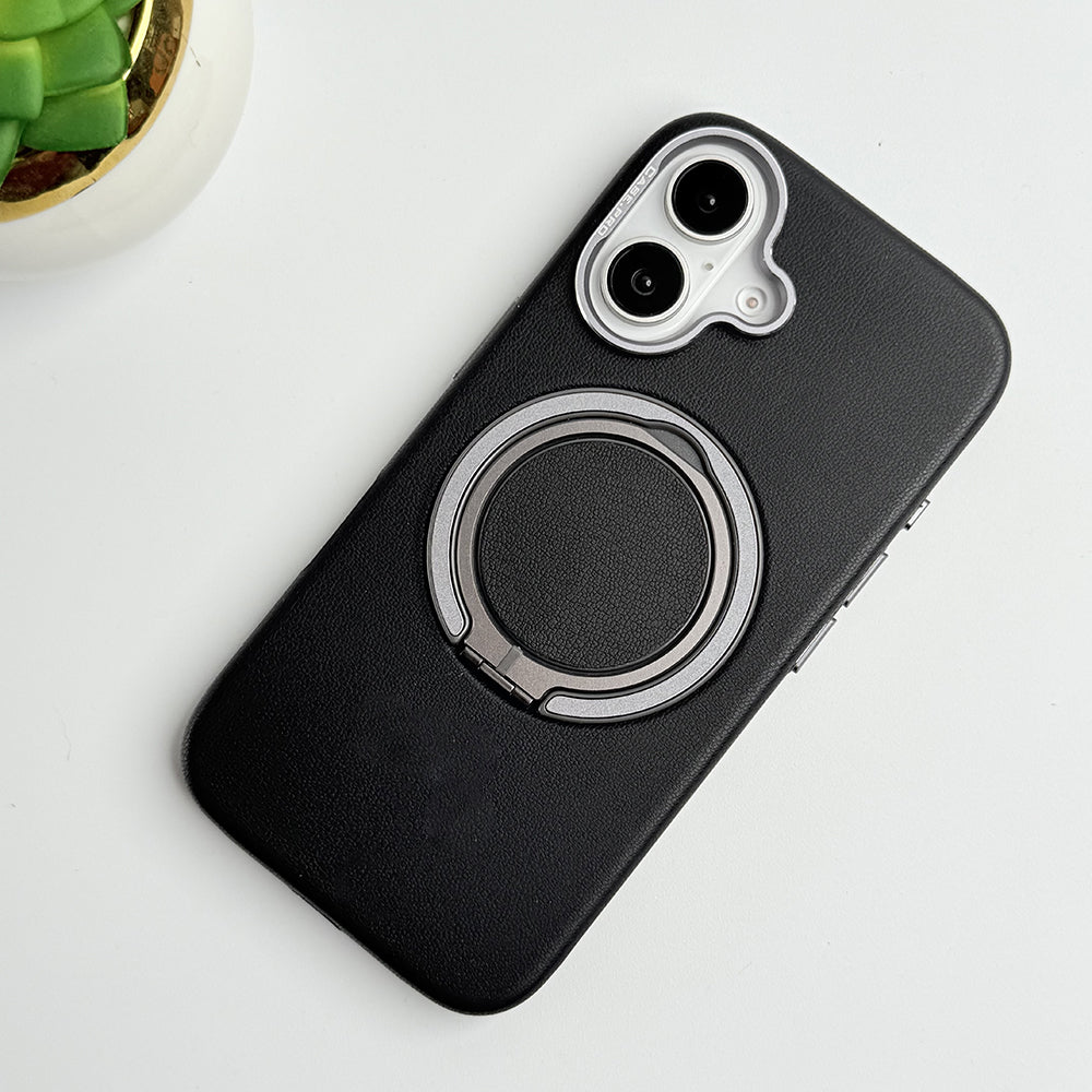 iPhone 16 Series 360 angle Rotating Stand PU Leather Phone Case