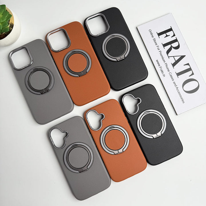 iPhone 16 Series 360 angle Rotating Stand PU Leather Phone Case