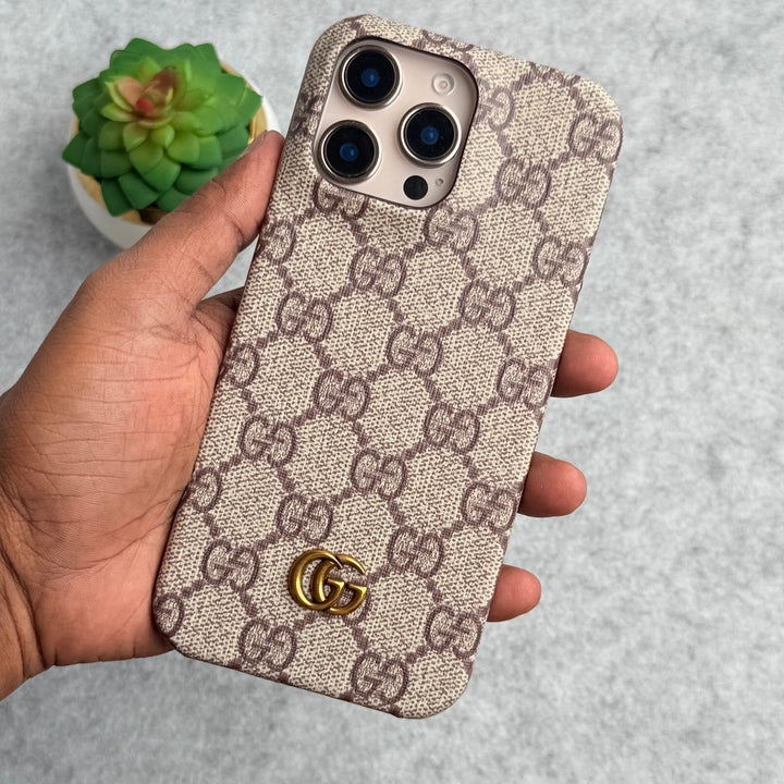 iPhone 16 Series Luxury GG Pattern PU Leather Camera Bump Case