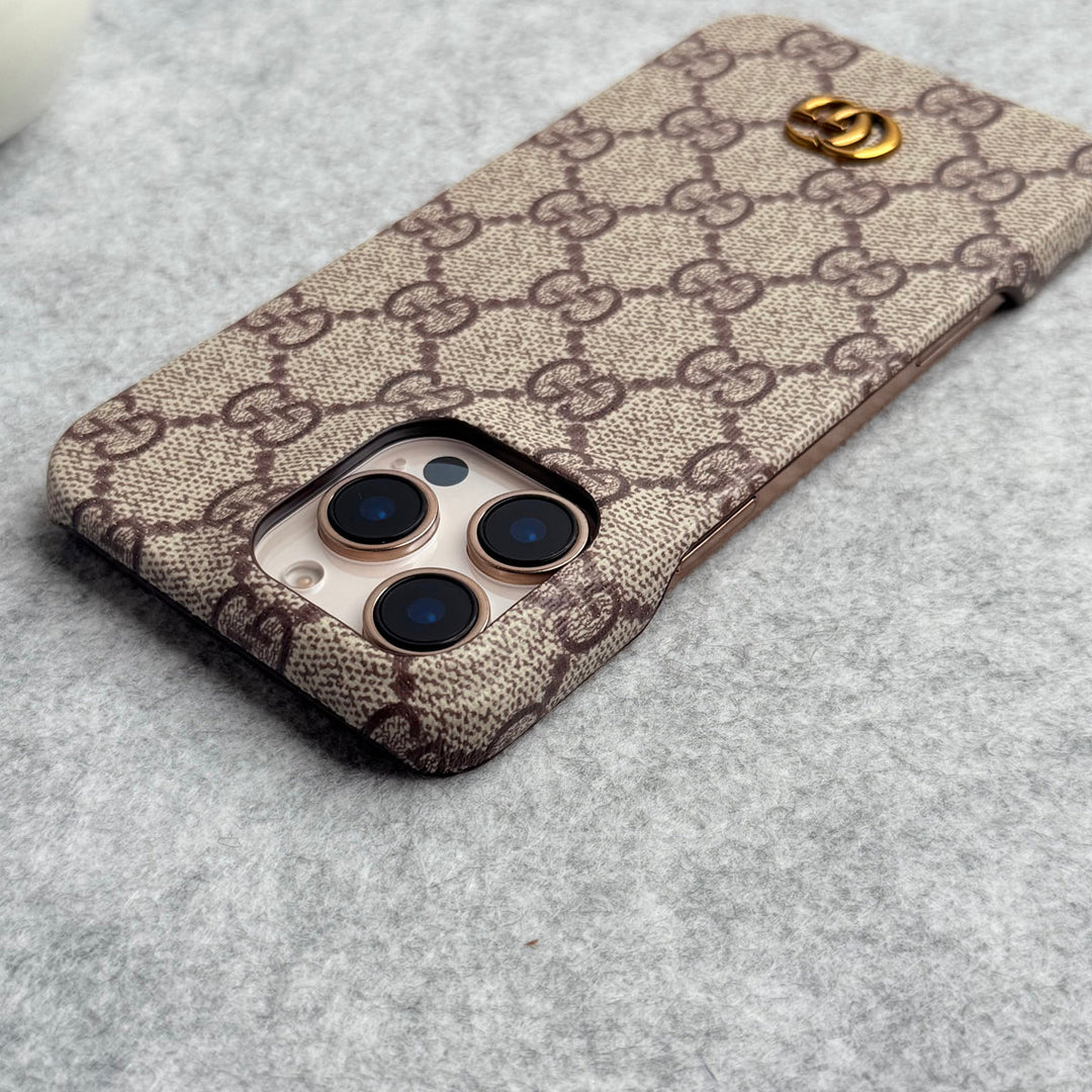 iPhone 16 Series Luxury GG Pattern PU Leather Camera Bump Case