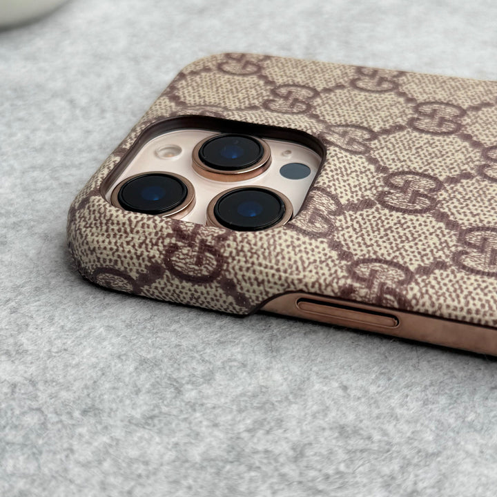 iPhone 16 Series Luxury GG Pattern PU Leather Camera Bump Case