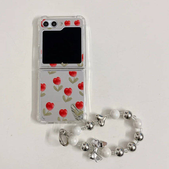 Samsung Galaxy Z Flip 6 Red Floral Tulip Mirror Case With Pearl Holder