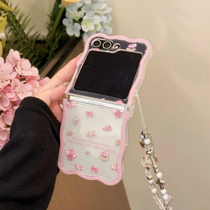 Samsung Galaxy Z Flip 5 Pink Bow Floral Quote Pattern Case With Pearl Holder