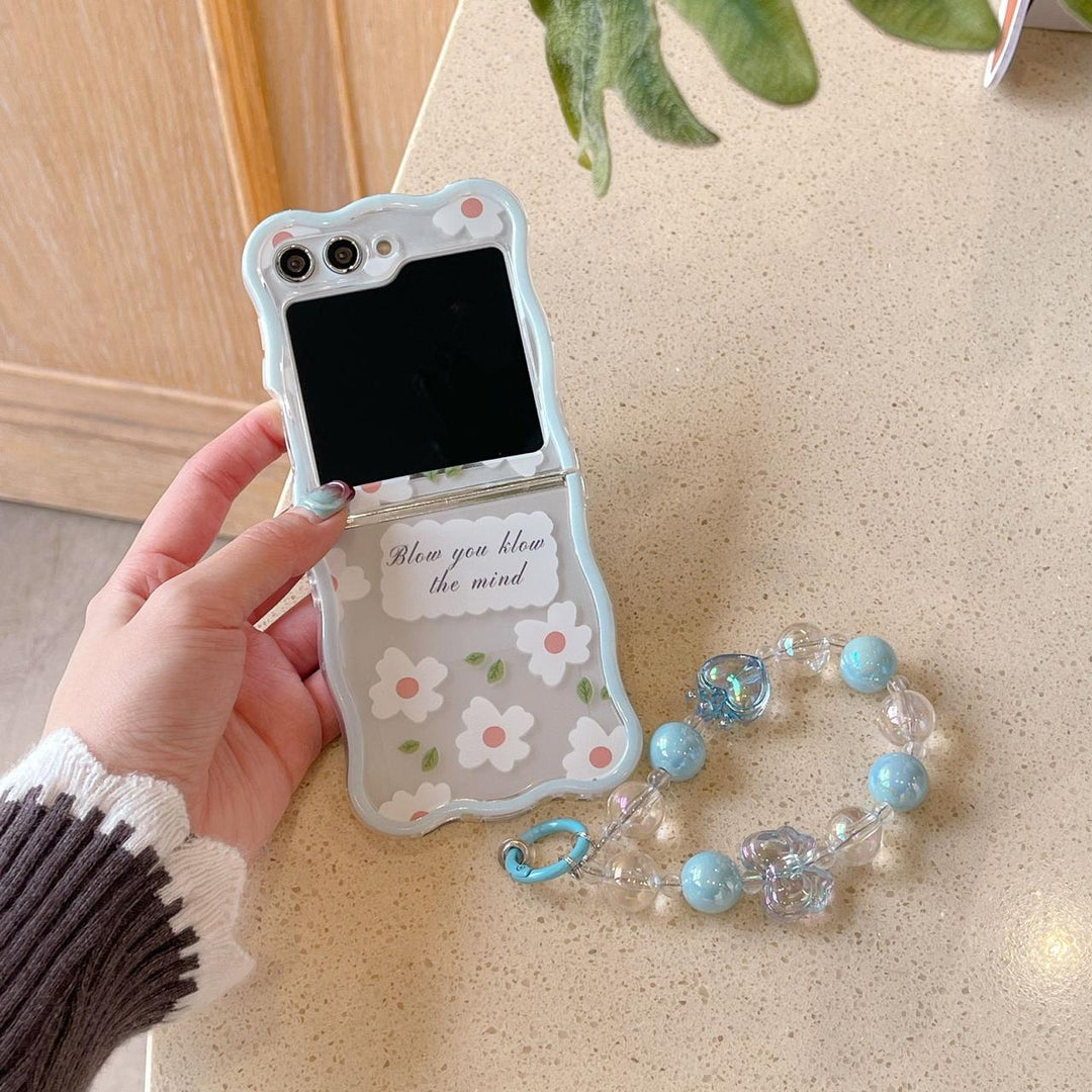 Samsung Galaxy Z Flip 5 White Flower Design Case Cover with Crystal Pearl Chain