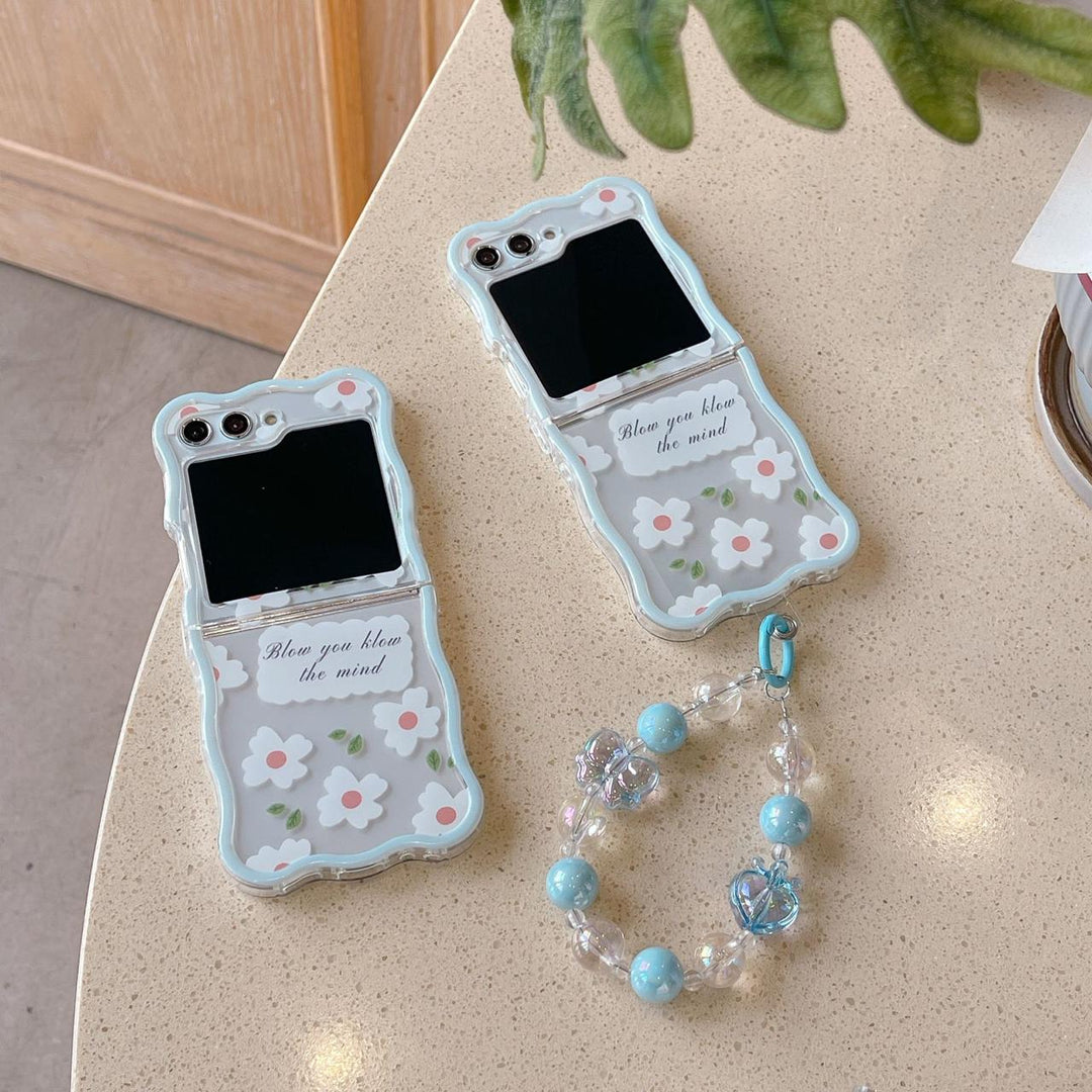 Samsung Galaxy Z Flip 5 White Flower Design Case Cover with Crystal Pearl Chain