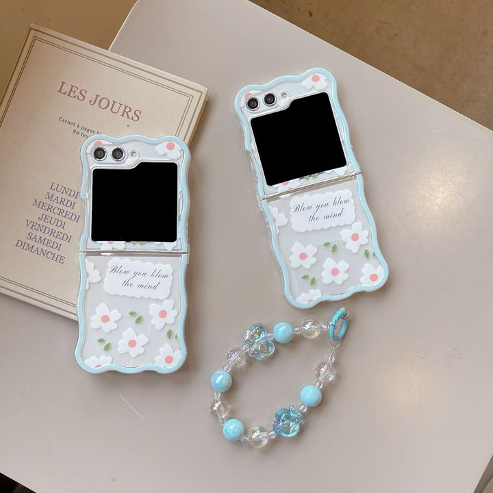 Samsung Galaxy Z Flip 5 White Flower Design Case Cover with Crystal Pearl Chain