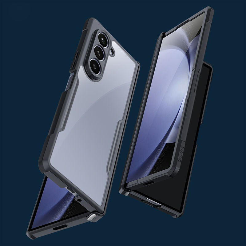 Samsung Galaxy Z Fold 6 Shockproof Airbags Bumper Transparent Back Front Screen Protector Case Cover (Black)