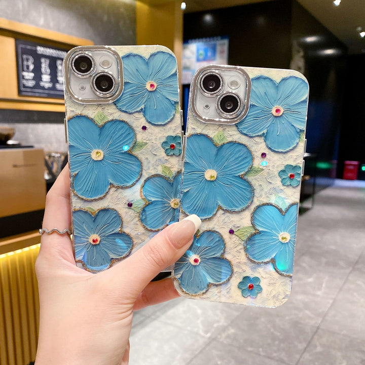 iPhone Luxury 3D Oil Painting Floral Design With Glitter Lens Protection Case Cover (Sky Blue)