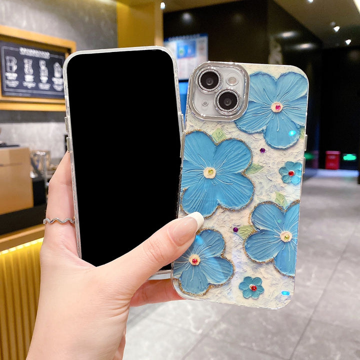 iPhone Luxury 3D Oil Painting Floral Design With Glitter Lens Protection Case Cover (Sky Blue)