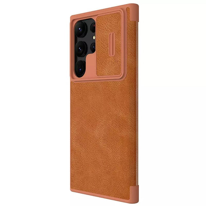 Samsung Galaxy S22 Ultra Camera Protection QIN Leather Flip Case Brown