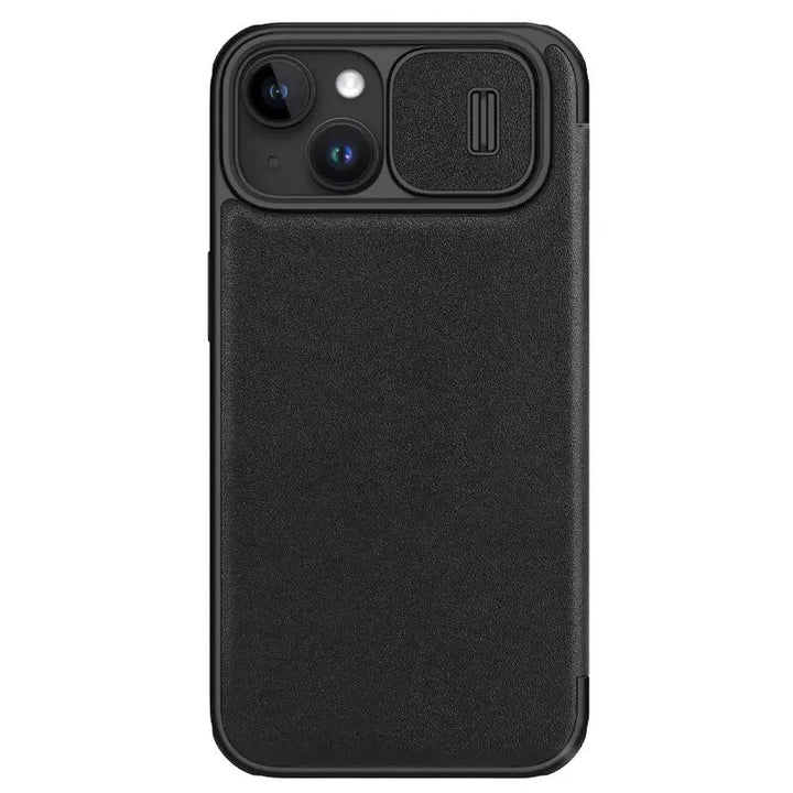 iPhone 15 Pro Max Series Nillkin Qin Pro Plain Leather+Cloth Flip case Cover (Black)