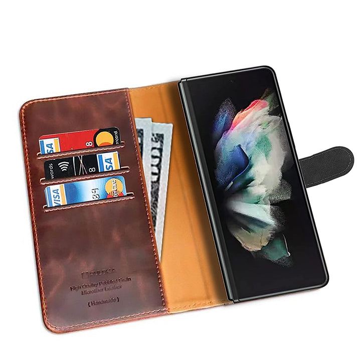 Samsung Z Fold 4 Leather Flip 2 in 1 Detachable Front and Back Wallet Case Cover With S Pen Holder(Brown)