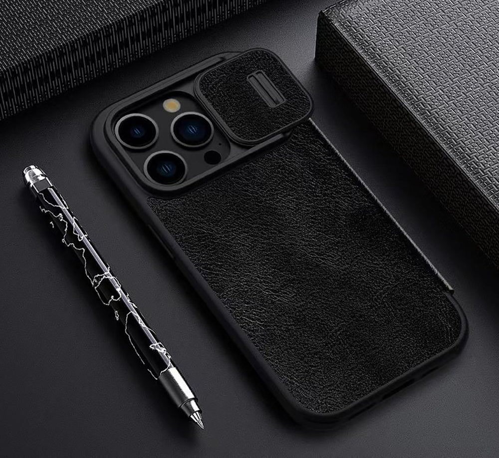 iPhone 15 Pro Max Series Nillkin Qin Pro Plain Leather+Cloth Flip case Cover (Black)