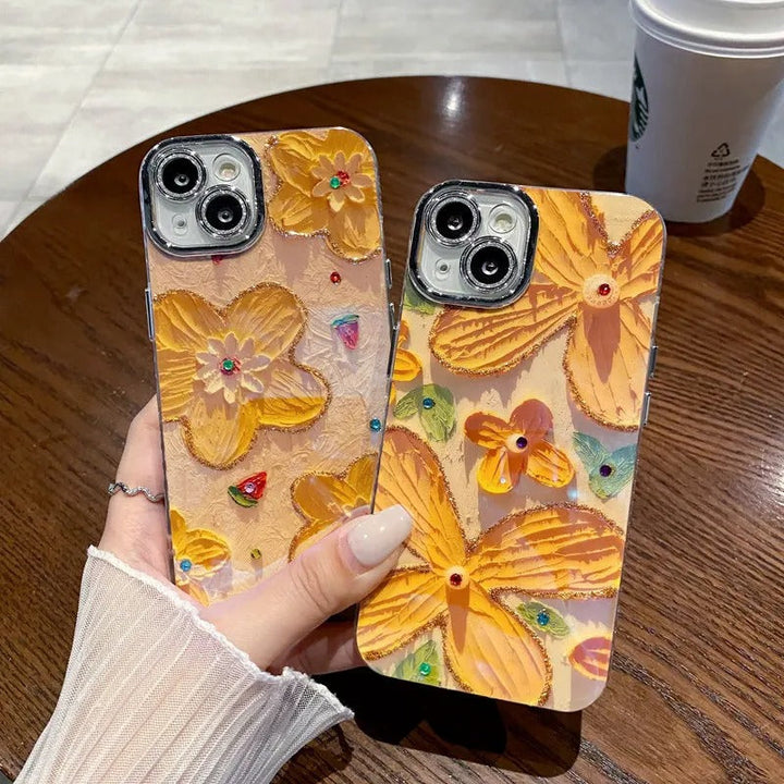 iPhone Luxury 3D Oil Painting Floral Design With Glitter Lens Protection Case Cover (Yellow Floral)