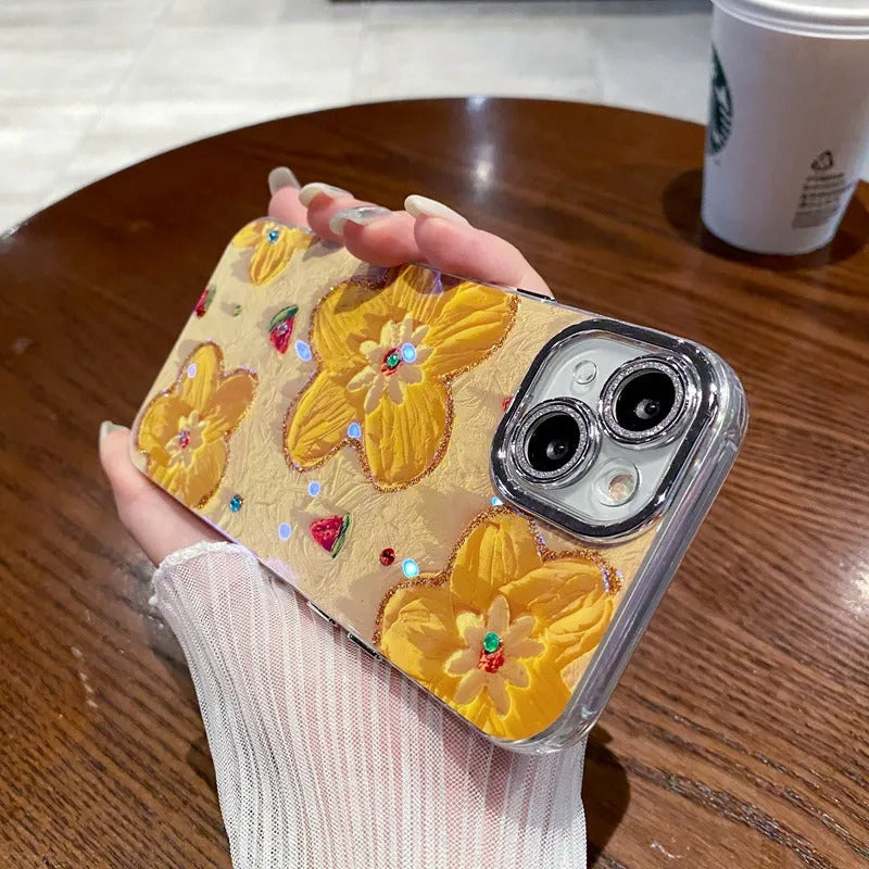 iPhone Luxury 3D Oil Painting Floral Design With Glitter Lens Protection Case Cover (Yellow Floral)