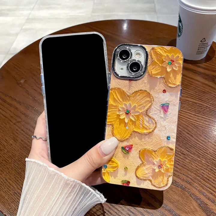 iPhone Luxury 3D Oil Painting Floral Design With Glitter Lens Protection Case Cover (Yellow Floral)