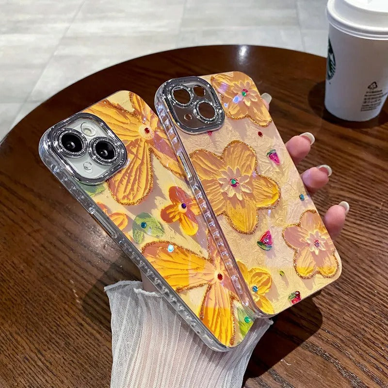 iPhone Luxury 3D Oil Painting Floral Design With Glitter Lens Protection Case Cover (Yellow Floral)