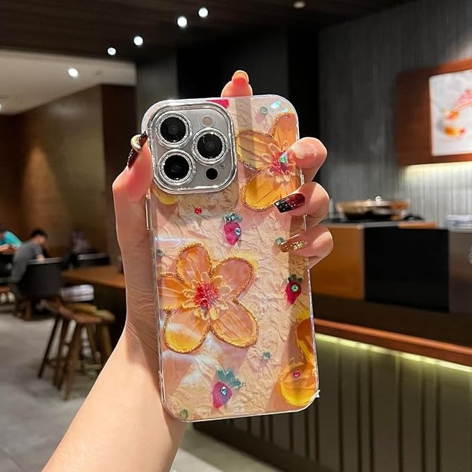 iPhone Luxury 3D Oil Painting Floral Design With Glitter Lens Protection Case Cover (Yellow Floral)