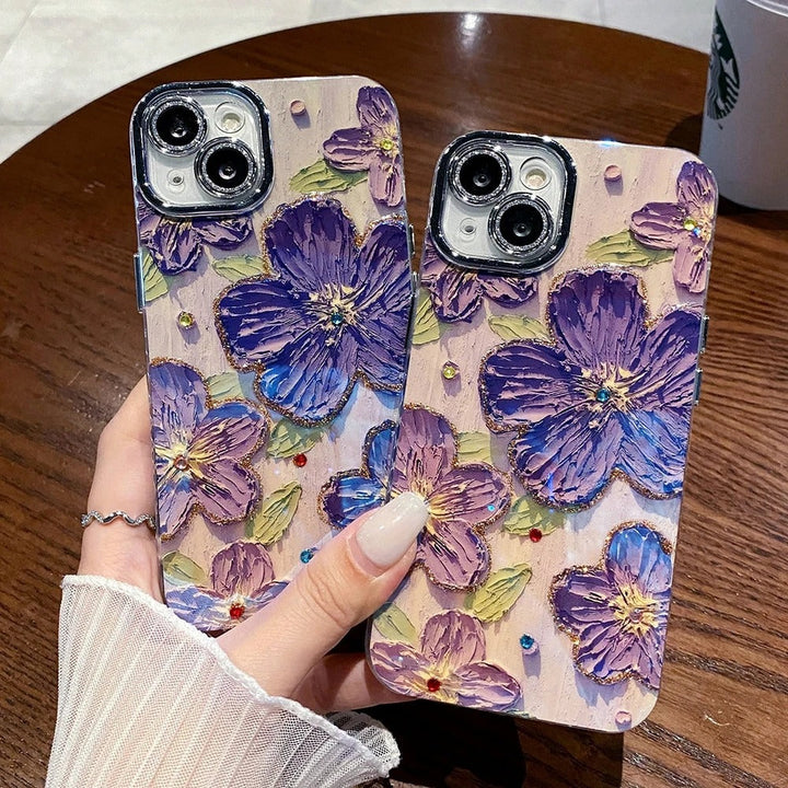 iPhone Luxury 3D Oil Painting Floral Design With Glitter Lens Protection Case Cover (Purple)