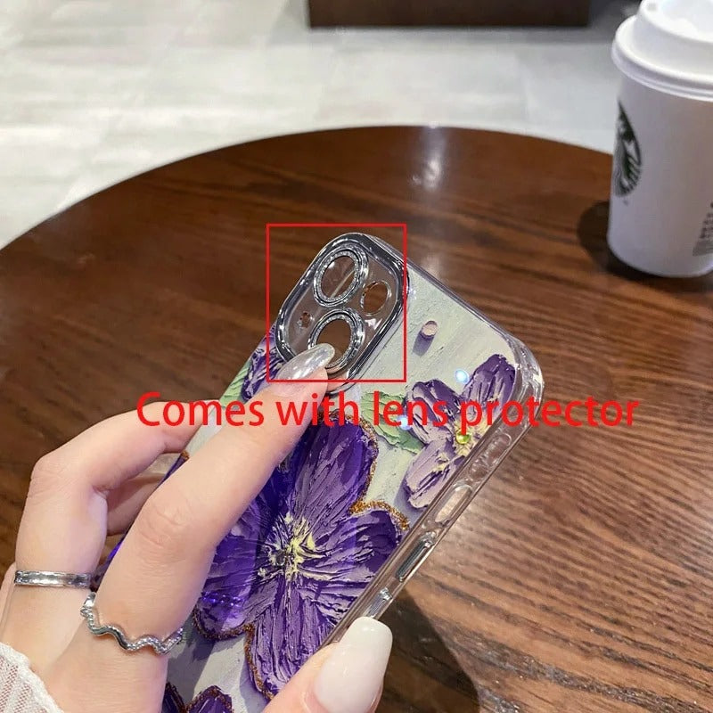 iPhone Luxury 3D Oil Painting Floral Design With Glitter Lens Protection Case Cover (Purple)