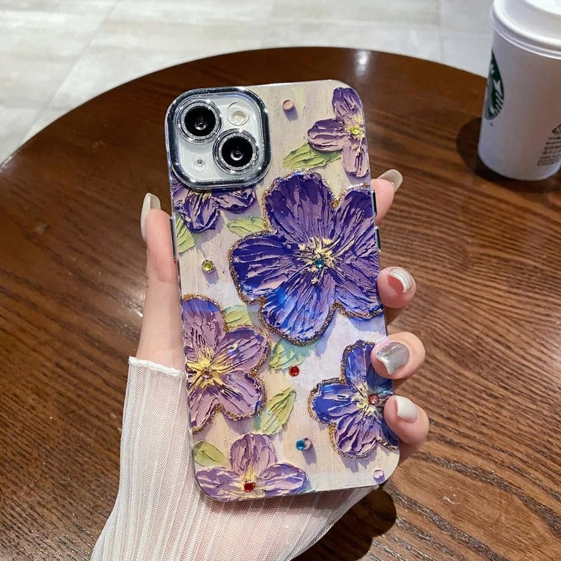 iPhone Luxury 3D Oil Painting Floral Design With Glitter Lens Protection Case Cover (Purple)